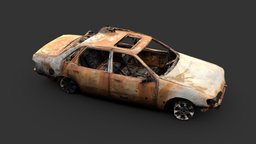 Burned-out Car 2 sedan, post-apocalyptic, wreck, ruined, destruction, destroyed, exploded, burnt, wartorn, burned, vehicle, car