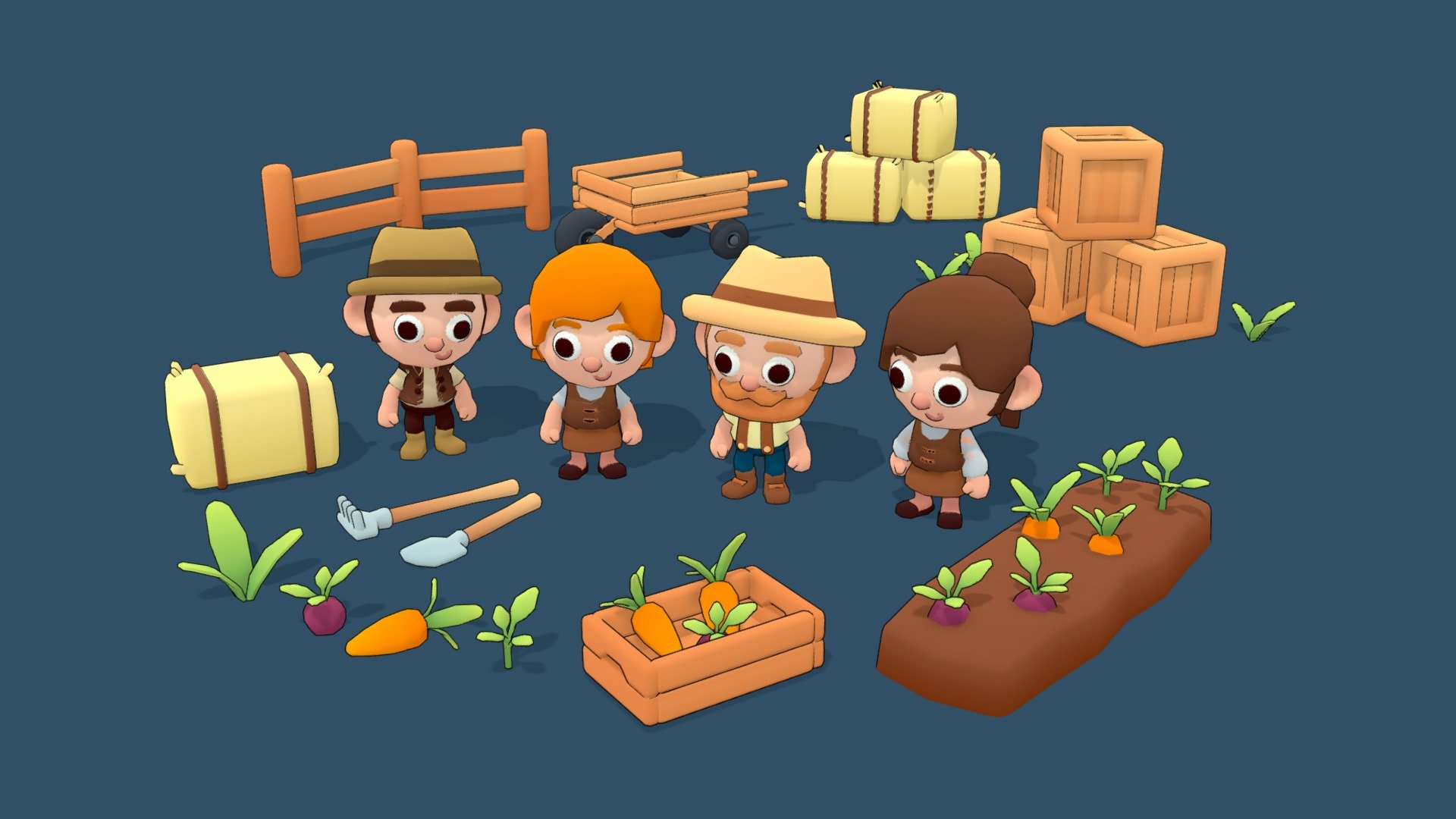 Lowpoly modular characters and props for game development.

Available on Unity Asset Store

*Check the aditional zipped file when buying this pack to access the rigged character, props and textures.



-Rigged/Skinned

-Mecanim Ready

-Texture: 256px Diffuse





-Polycount:



Characters:

Puppet Farmer Man | 4.7k Tris

Puppet Farmer Old Man | 4.9k Tris

Puppet Farmer Woman | 5k Tris

Puppet Farmer Girl | 4.8k Tris



Props:

Crate | 2.2k Tris

Wooden Box | 1.3k Tris

Cart | 3k Tris

Grass | 168 Tris

Rail 00 | 472 Tris

Rail 01 | 344 Tris

Hay | 600 Tris

Grow Line | 160 Tris

Beet | 340 Tris

Carrot | 316 Tris

Sprou74 | 284 Tris

Rake | 410 Tris

Shovel | 238 Tris




Animations:

Idle

Walk

Run

Jump




Blendshapes

Eyebrows:

Up

Down

Angry

Sad




Mouth:

Neutral

Sad

Curious - Puppet Farmers Asset Pack - Buy Royalty Free 3D model by joaobaltieri 3d model