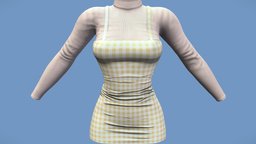 Mini Pinafore Dress Over A Turtle Neck Top turtle, mini, neck, winter, , fashion, retro, top, long, clothes, pattern, jumper, dress, realistic, real, sleeves, sweater, casual, over, outfit, overall, pinafore, wear, checkered, gingham, pbr, low, poly, female