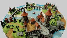 Fantasy mini diorama scene, mini, landscape, castle, land, knights, scenery, rocks, buildings, miniature, outdoor, diorama, farm, low_poly, low-poly, lowpoly, low, fantasy, simple, bridge