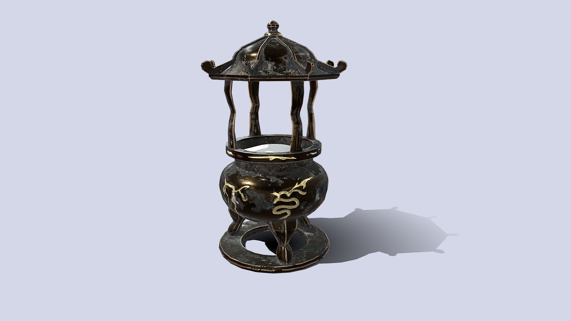Hi~ It is a ancient censer.

I love tradition items.

It has 1551 Polys and 1700 Vertex.
It can be used in game,VR,AR,CG. 

Texture including 4 pics.

2048*2048 size

Albedo1
Ao1
MetallicSmoothness1
Normal1

I hope you like it~

Thank you.If you have any question , please tell me 3d model