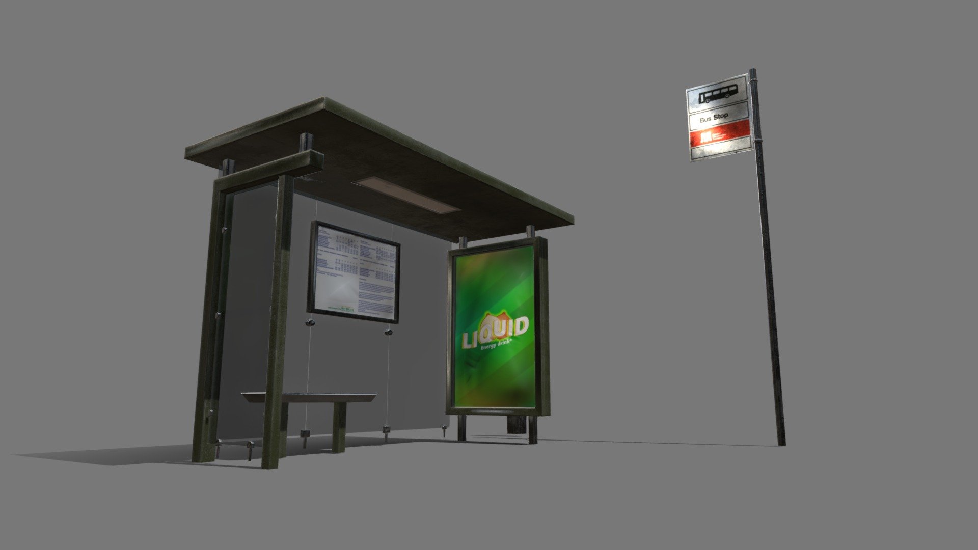 Low poly bus stop.

Textures are 4096x4096 for the bus stop and 2048x2048 for the glass.

Also included is the .psd for ease of altering the posters, colours, timetable and bustop as well as the original .blender file 3d model