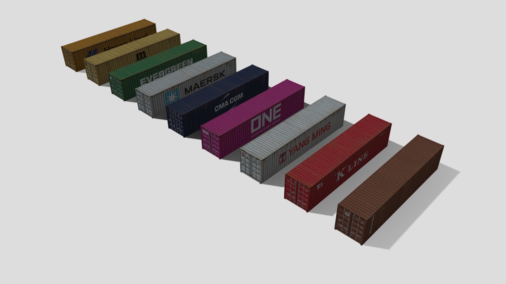 This is a pack containing nine real-life branded 40ft containers.

Container Brands: CMA CGM, Hapag Lloyd, Evergreen, MSC, Maersk, “K” Line, ONE, Triton, Yang Ming

This model was originally made as an asset for the game Cities: Skylines. There are some minor simplifications to the texture and model to keep it optimised for the game.

Available formats: Wavefront OBJ (.obj), Autodesk FBX (.fbx), STL (.stl)

Polygon count: 990 Vertex count: 1,512

Model made in Blender 3.0 - 40ft Containers - Buy Royalty Free 3D model by Nostrix 3d model