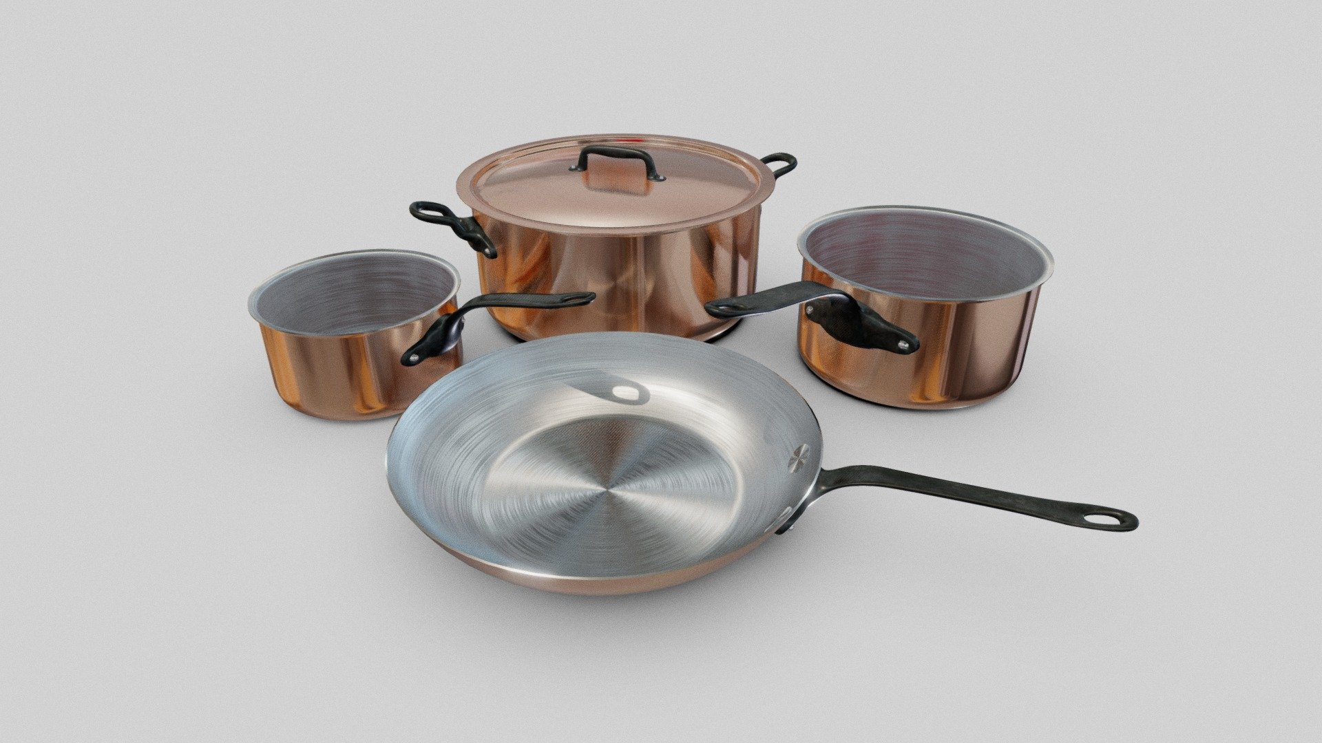 Some fancy copper pots and pans.

Tools Used

Modelled in Blender
Textures in GIMP
Handle texture sourced from Textures.com

Offline Render
 - 3DDecember 2021 - Copper Pots and Pans - Download Free 3D model by Jack Kelly (@slightlyintelligent) 3d model