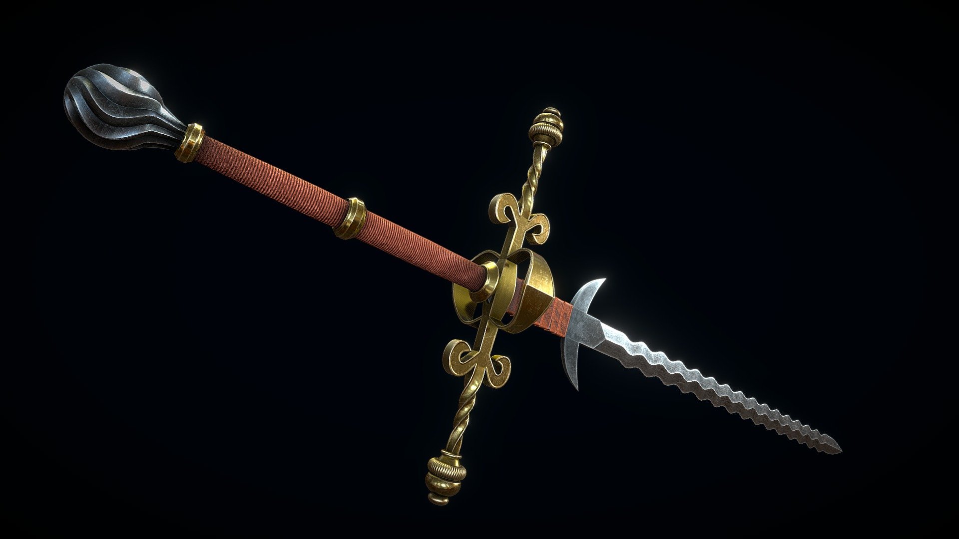 Low-poly 3D model of the Two-handed Flamberge doesn't contain any n-gons and has optimal topology. This model includes 2K textures 3d model