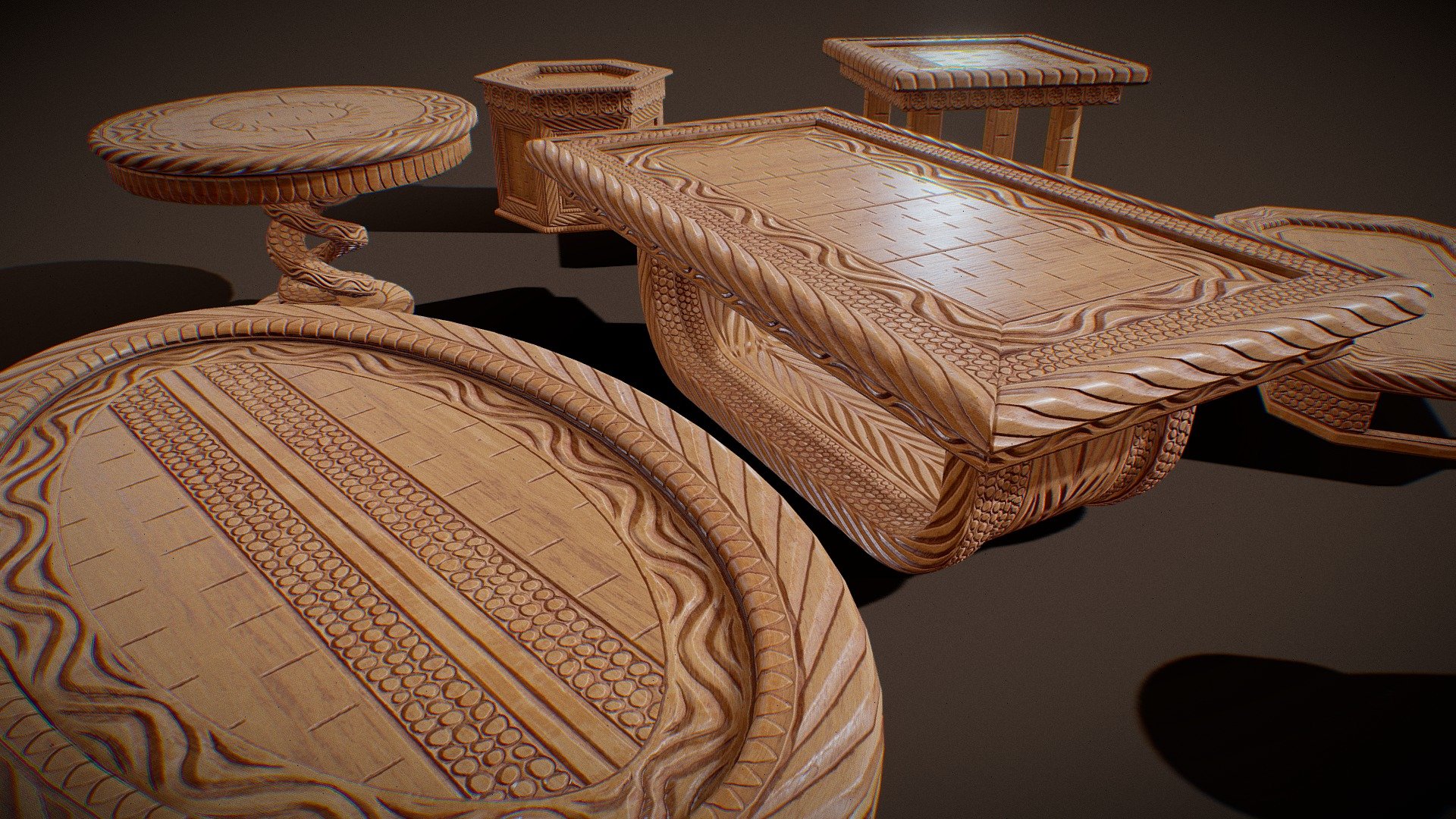 7 Game-Ready Carved Antique Wooden Tables

Mid-Low poly models suitable for Video Games and Arch-Viz.

One trim sheet is used for texturing.

Nothing is baked, so you can edit the UVs in any way you like, or create new models and texture them using this trim sheet.

2048x2048 Textures (AO, Albedo, Roughness, Metalic, Normal, Height)



Seat - 1624 tris

Table01 - 2876 tris

Table02 - 2776 tris

Table03 - 10480 tris

Table04 - 924 tris

Table05 - 860 tris

Table06 - 982 tris
 - Carved Antique Wooden Tables Pack - Furniture - Buy Royalty Free 3D model by Serhii3D 3d model