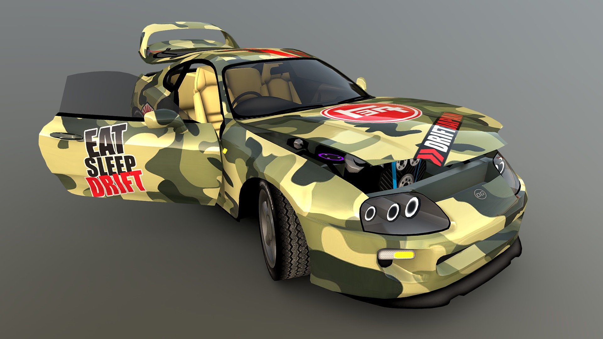Low poly model for mobile game with interrior and moving parts
23 objects
10.7k verts
18k triangles
11.1k polygons
Textures 256x256 to 2048x2048
Created in blender3d 2021, Photoshop 2021 - Toyota Supra A80 - 3D model by OG Cars (@zigzag977010) 3d model