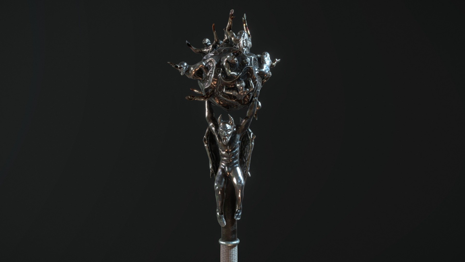 This demon holds a portal to the underworld in his hands. Poor souls get caught and will never get out again.
I made this mace as a part of a series of weapons. Like my &ldquo;Axe of fallen angels