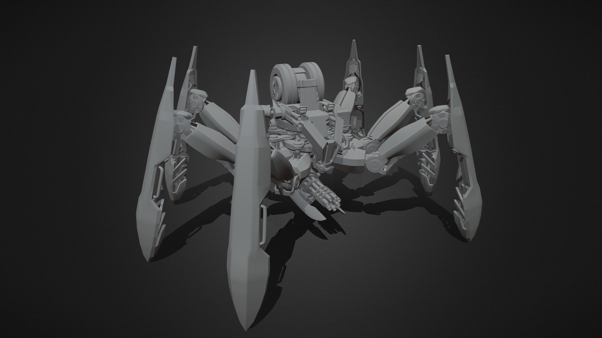 An untextured Spider Mech model I've been working on. I will UV and texture it sometime in the future. 
It's essentially meant to be a spider like combat vehicle with the control seat in the middle 3d model