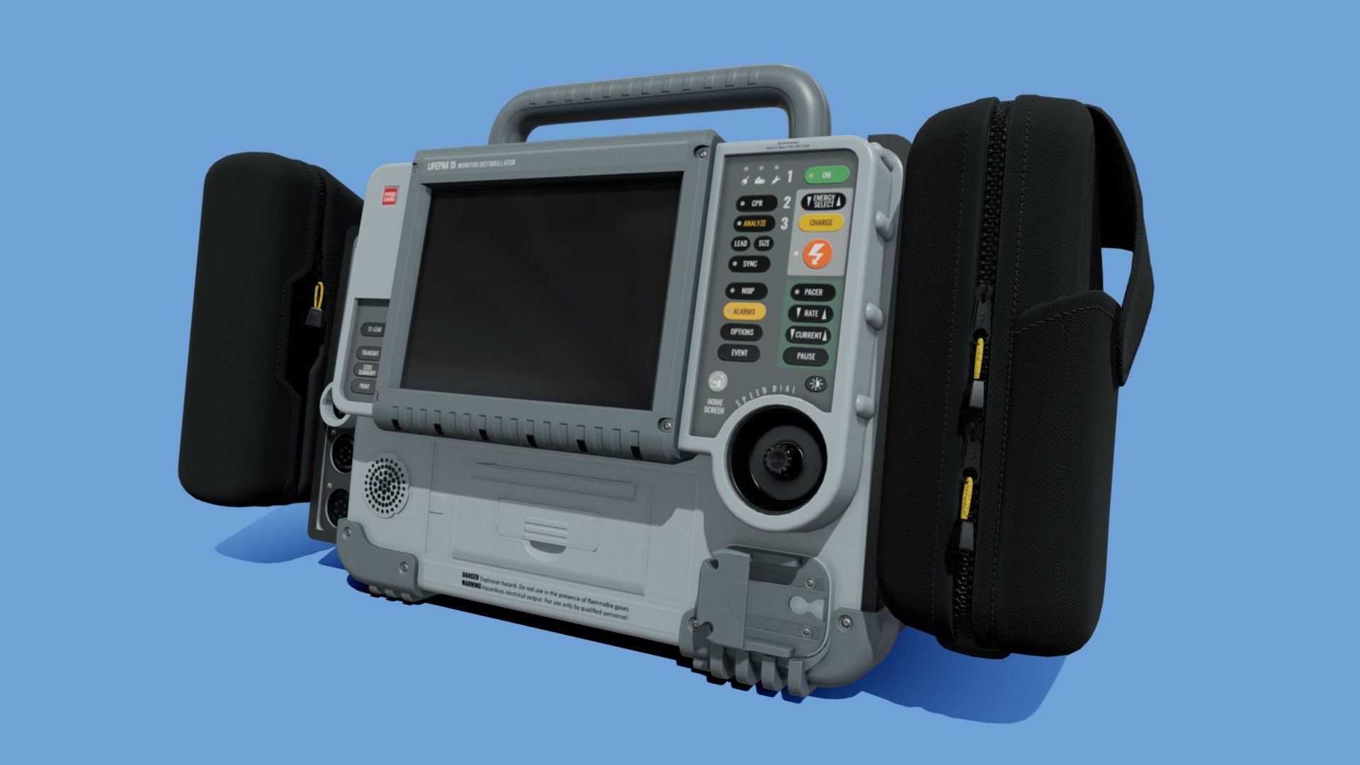 I created a Real-Time 3D Asset for use in Virtual Learning/Education for EMS Professionals using poly-modeling (from scratch) with Blender and PBR texturing in Substance Painter. I used Photoshop for Illustration, Stencil Creation, and essential Texture Map clean-up.

Prop Design based on model variations of the &ldquo;LifePak 15