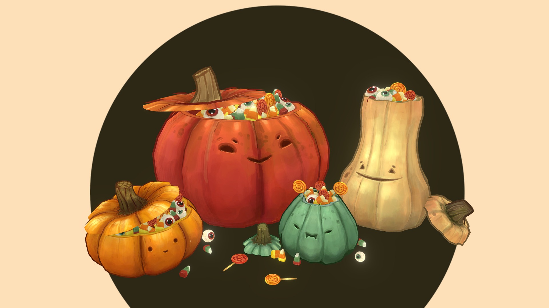 I initially made these Pumpkins for the 1st of October, which was a bit ahead of time for Halloween. Finally managed to add some sweets to these pumpkins, so they can spread some spooky joy!

All handpainted inside Blender 3d model