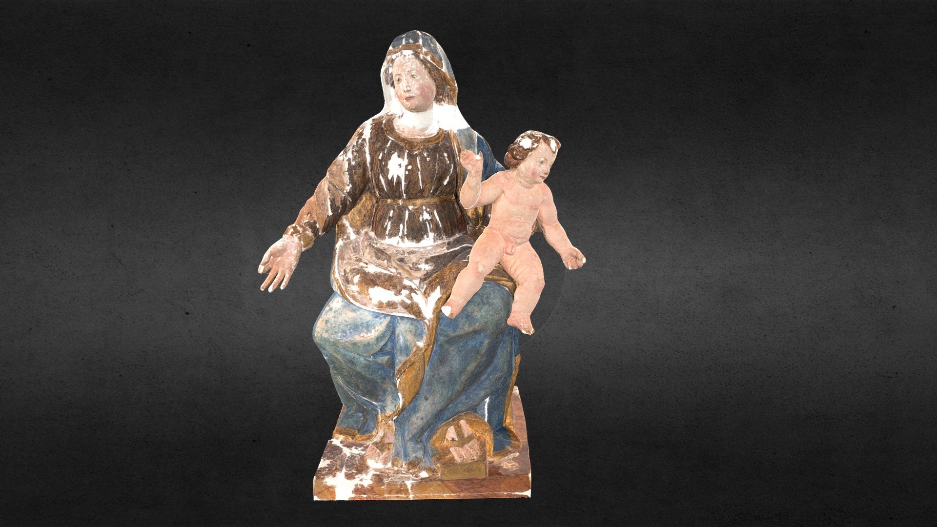 Wooden statue of the Madonna and child. The Madonna and Child or The Virgin and Child is often the name of a work of art which shows the Virgin Mary and the Child Jesus 3d model