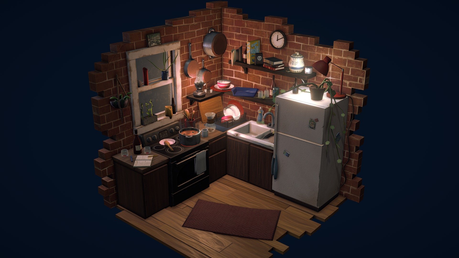 Low-poly, hand-painted kitchen made with love! Tried to make a little isometric room under 20,000 tris, then put a lot of time into the textures themselves. Very happy with how my wood grain came out 3d model