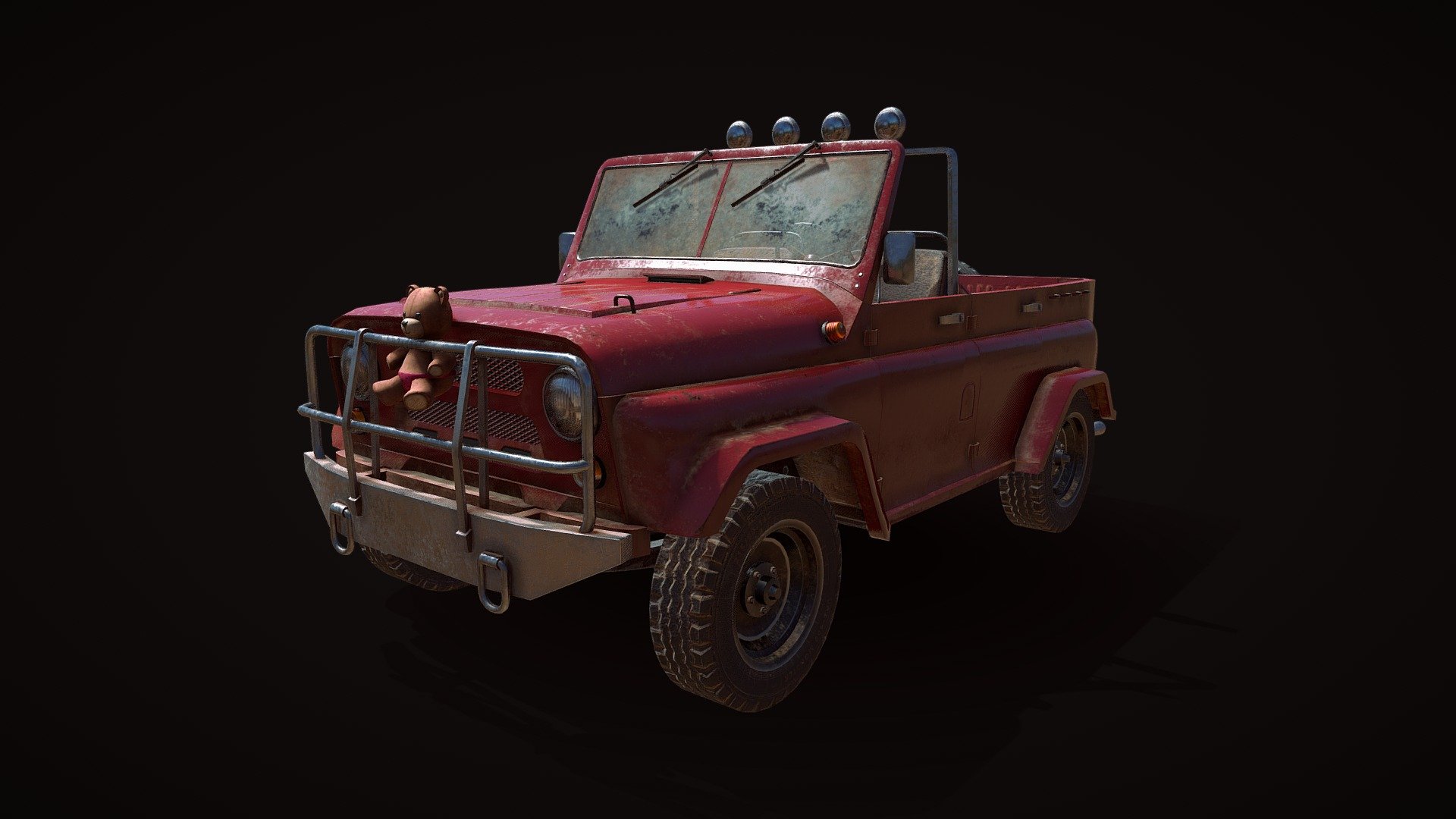 The model obviously was inspired by Trevor's pickup from GTA 5, here is representation of russian version of that vehicle. It contained 19.274 polygons (~35000 tris)
All main parts removeable, unlockable.
FOR DOWNLOADERS - the texture pack containes textures for Corona / Vray / PBR MetalRough / Unity 5 / Unreal Engine / Also the bear can be easily remove, it doesn't affect on AO texture of car, as can be remove front bumper and hood and doors and spare wheel and back door and wheels (Tire). Wipers can work - UAZ-469 - 3D model by Vladimir Piskarev (@2design.vip2) 3d model