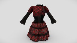 $AVE Black And Red Plaids Sweetheart Outfit steampunk, and, red, punk, fashion, girls, long, clothes, skirt, dress, sleeves, costume, womens, elegant, outfit, wear, corset, bodice, pbr, low, poly, female, simple, black, plaids, ruffled, neckline, sweeetheart