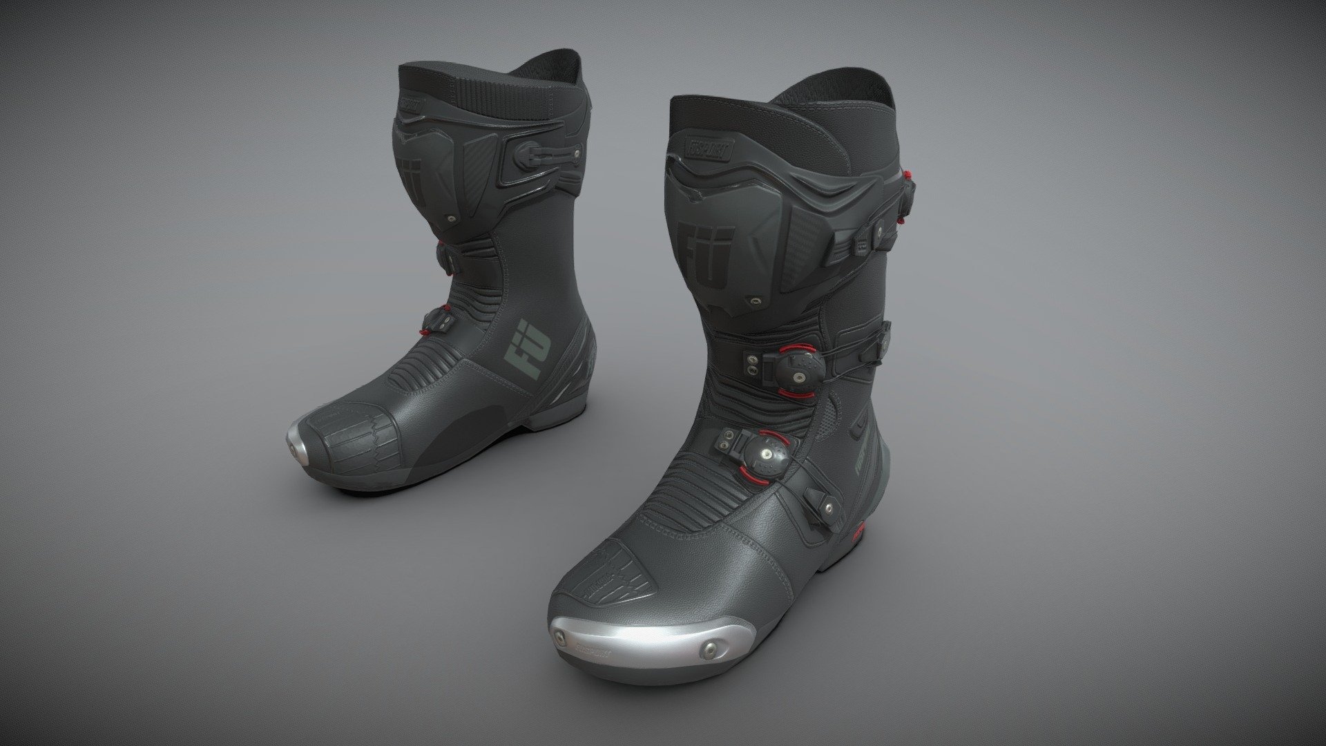 Boots Füsport XR1 Black  model. Modeled in Blender, textured in Substance painter. For the project MotoGP22 3d model