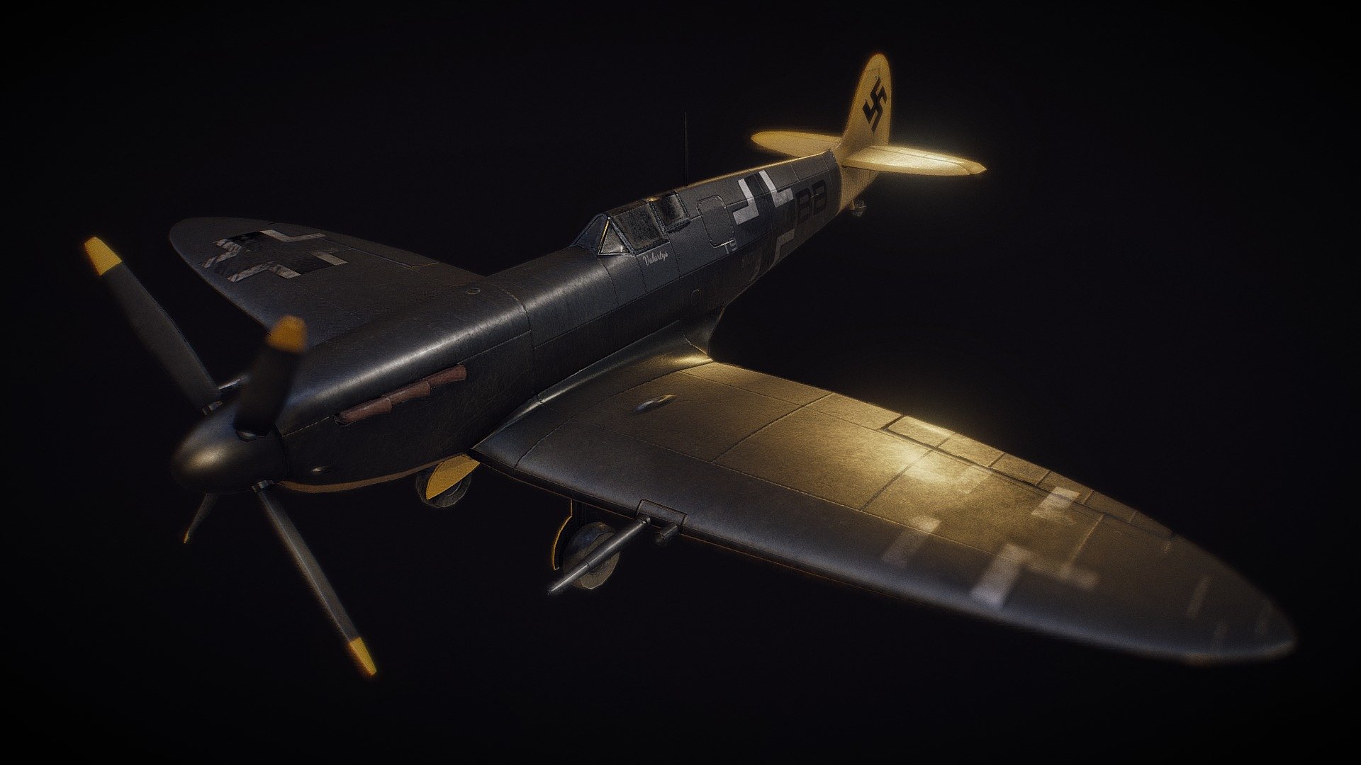 A spitfire captured by Germans, repainted in German markings and used as a special test unit of the Luftwaffe, the Zirkus Rosarius

Based on “Aircraft Painting Contest – Base” by Renafox, licensed under CC Attribution-ShareAlike.

P.S: This piece and/or any part of the image, is not intended to be offensive in any way 3d model