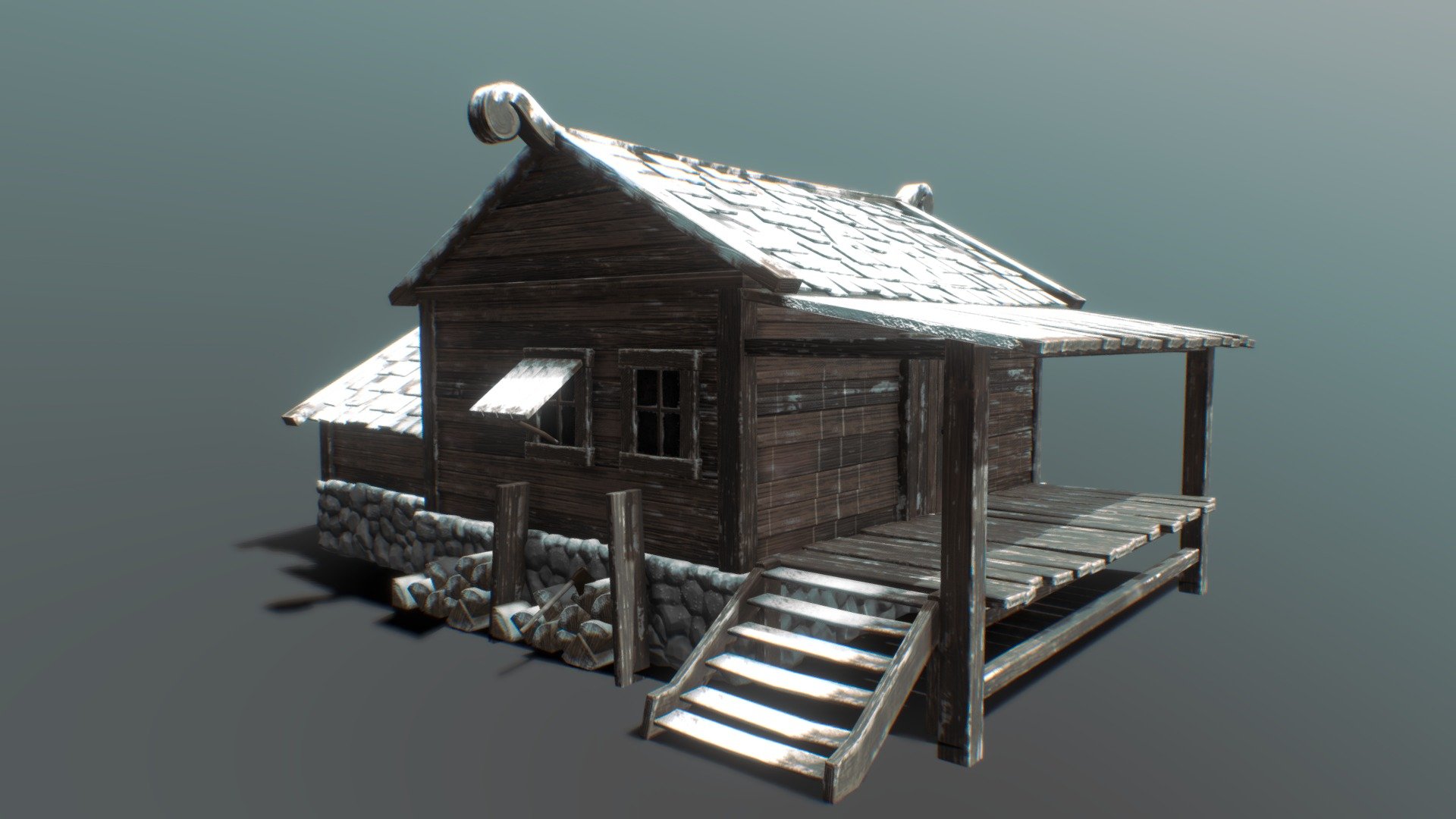 an old wood cabin made in maya,  sculpted in zbrush, textured in substance.
this is part of a modular set that i made for a game demo 3d model