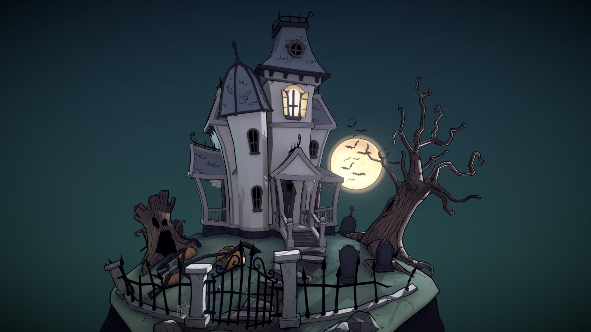 A Low Poly Halloween scene I designed, modelled and textured for the #SketchfabHalloween2019 . I wanted to create a little diorama in a cartoon/ comic artstyle! - Stylized Halloween Mansion - 3D model by Lars Korden (@Lark.Art) 3d model