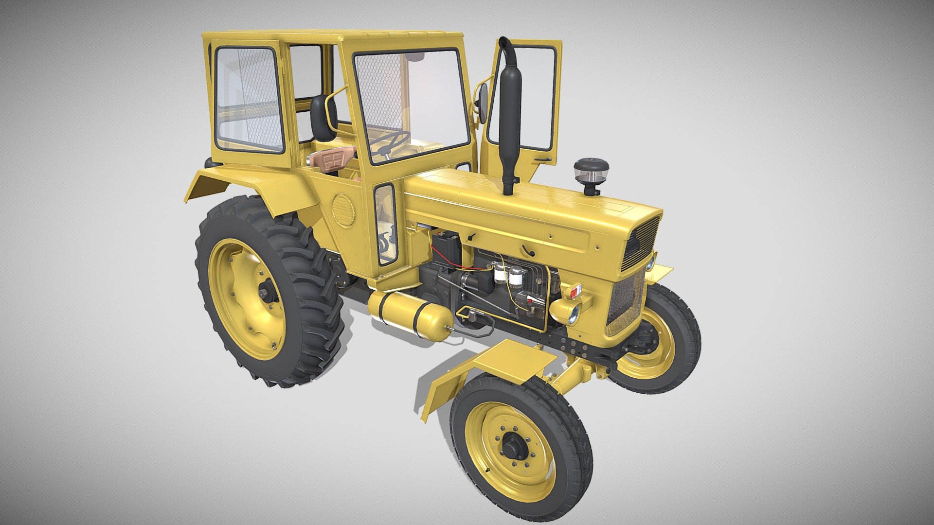 Highly detailed Tractor 3d model rendered with Cycles in Blender, as per seen on attached images.

The model is very intricately built, it has the transmission and engine, with cooling for oil and water, injection pump, fuel lines, compressed air circuit, electric circuit modeled. Some of these elements cannot be seen on the main renders, so I have also rendered the chassis in order to showcase them.

The 3d model is scaled to original size in Blender.
File formats:

-.blend, rendered with cycles, as seen in the images;
-.blend, rendered with cycles, as seen in the images, with doors open;
-.obj, with materials applied;
-.obj, with materials applied, with doors open;
-.dae, with materials applied;
-.dae, with materials applied, with doors open; 
-.fbx, with materials applied;
-.fbx, with materials applied, with doors open;
-.stl;
-.stl, with doors open;

Files come named appropriately and split by file format.

3D Software:

The 3D model was originally created in Blender 2.8 and rendered with Cycles 3d model