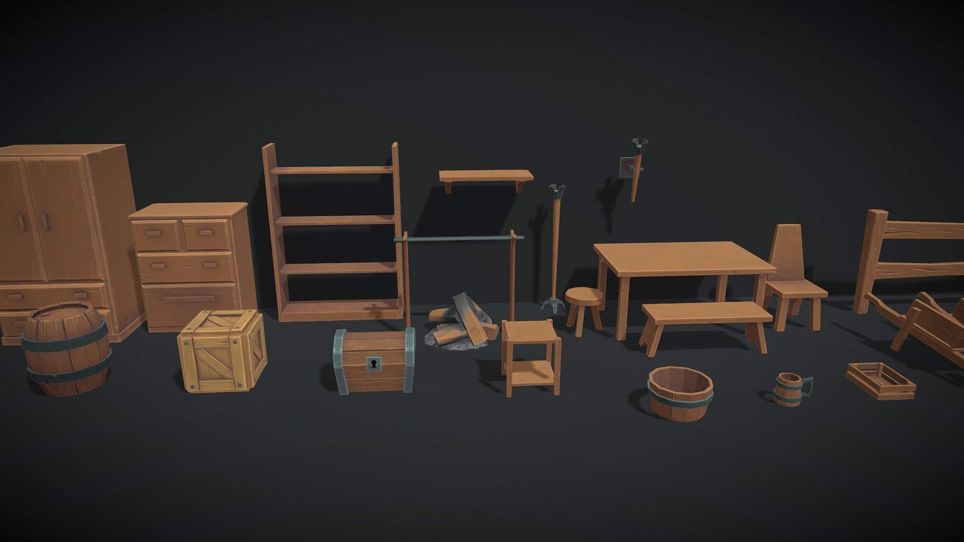 Easy to use, game ready stylized props.

A stylized set of 23 Wooden props for any kind of game.

The props are well separated into parts to allow the users to customize/animate if necessary.

Props: - Crate - Barrel - Treasure Chest - Table - Chair - Stool - Bench - Chest of Drawers - Wardrobe - Wheelbarrow - Mug - Bucket - Tray - Campfire - Wall Torch - Floor Torch - Shelf 1 - Shelf 2 - Shelf 3 - Fence 1 - Fence 2 - Fence 3 - Fence Door

The geometry has a good topology and triangulated faces to avoid possible Normal map problems on the textures.

There is a 4K Base Color, Normal, Metallic and Roughness map for each prop.

We recomend the use of Autodesk interactive shader mode to apply textures to materials.

Each prop has 3 color variations and some of them share textures with others.

Example: The “Furniture textures” apply on the Chest of drawers and also the Wardrobe.

Note: One of the models (WoodFence3), also has extra normal map detail, for each color variation 3d model