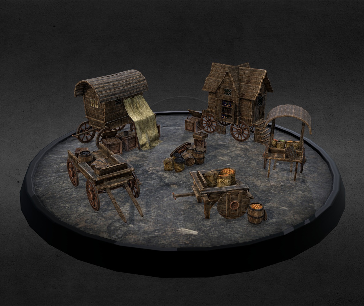 Empire Merchant Cart Examples created out of the kitbash model set so teh inhouse artists could see how the elements could be combined , these were created for Creative Assembly’s Warhammer - Total War game , all assets where create by myself 3d model