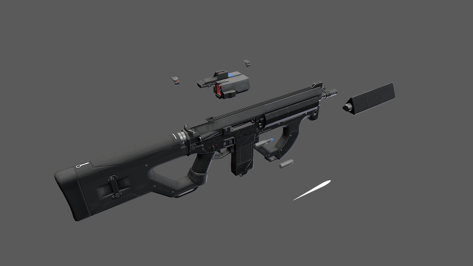A mix between a M4/16 and an ACR with some subtle cyberpunk asethetics for a near future looking assualt rifle. 
This model is modular and it includes:
-3 Rail mounted sights
-A supressor
-Bullet
-Shell
-Tracer
Uses 4 sets of 4K textures.
A few simple animations for firing are also included, keyed for around 750-800 rounds per minute
It should be game ready - R2 Assault Rifle - Buy Royalty Free 3D model by Devin Spencer (@IA51I) 3d model