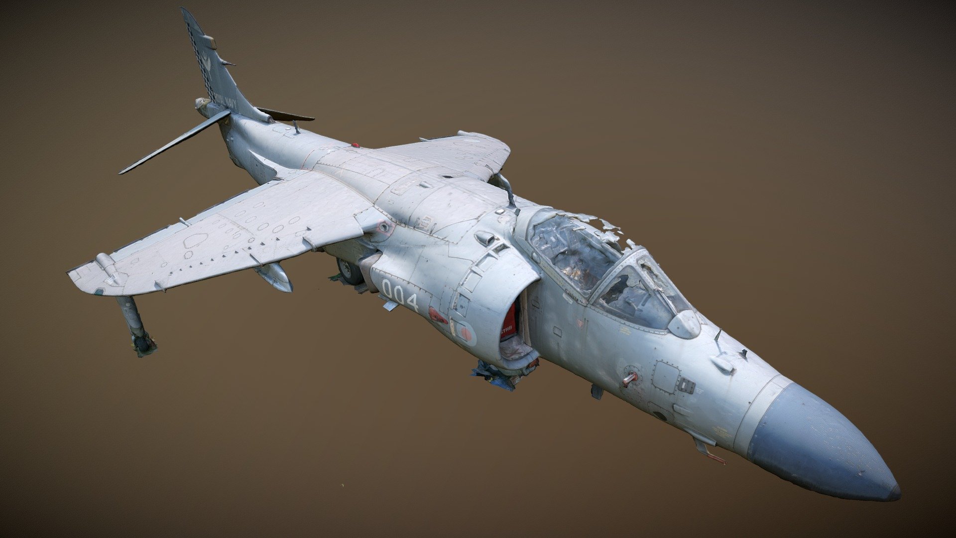 Photogrammetry Scan.

The British Aerospace Sea Harrier is a naval short take-off and vertical landing/vertical take-off and landing jet fighter, reconnaissance and attack aircraft. It is the second member of the Harrier family developed. It first entered service with the Royal Navy in April 1980 as the Sea Harrier FRS1 and became informally known as the &ldquo;Shar