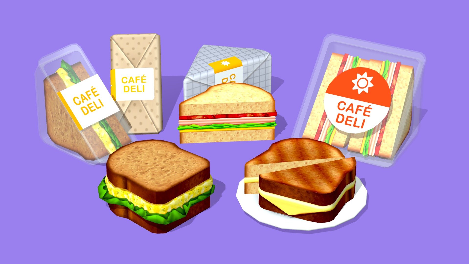 The perfect portable food! 




Three different kinds of low-poly sandwiches to choose from - Grilled cheese, Egg salad and Deli club

Includes plastic and paper wrapped sandwiches with custom logos. 

Each sandwich is comprised of two halves that perfectly snap into a whole sandwich - modular and customizable 

This asset uses 1024x1024 diffuse texture maps and can be used both lit and unlit - perfect for mobile! 

Modeled in Maya and painted in Photoshop.

While you’re here make sure to check out my other assets! They are all modeled and painted in the same style so your game or project will maintain a cohesive and unique style with a wide variety of assets to choose from! - Cafe Sandwiches - Buy Royalty Free 3D model by Megan Alcock (@citystreetlight) 3d model