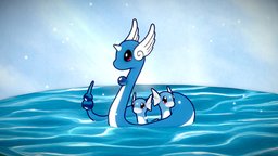 Dragonair with Dratini twins cute, kids, pokemon, lake, wings, horn, diorama, scales, water, serpent, twins, dragonair, dratini, cellshaded, majestic, sunrays, handpainted, blender, blue, dragon
