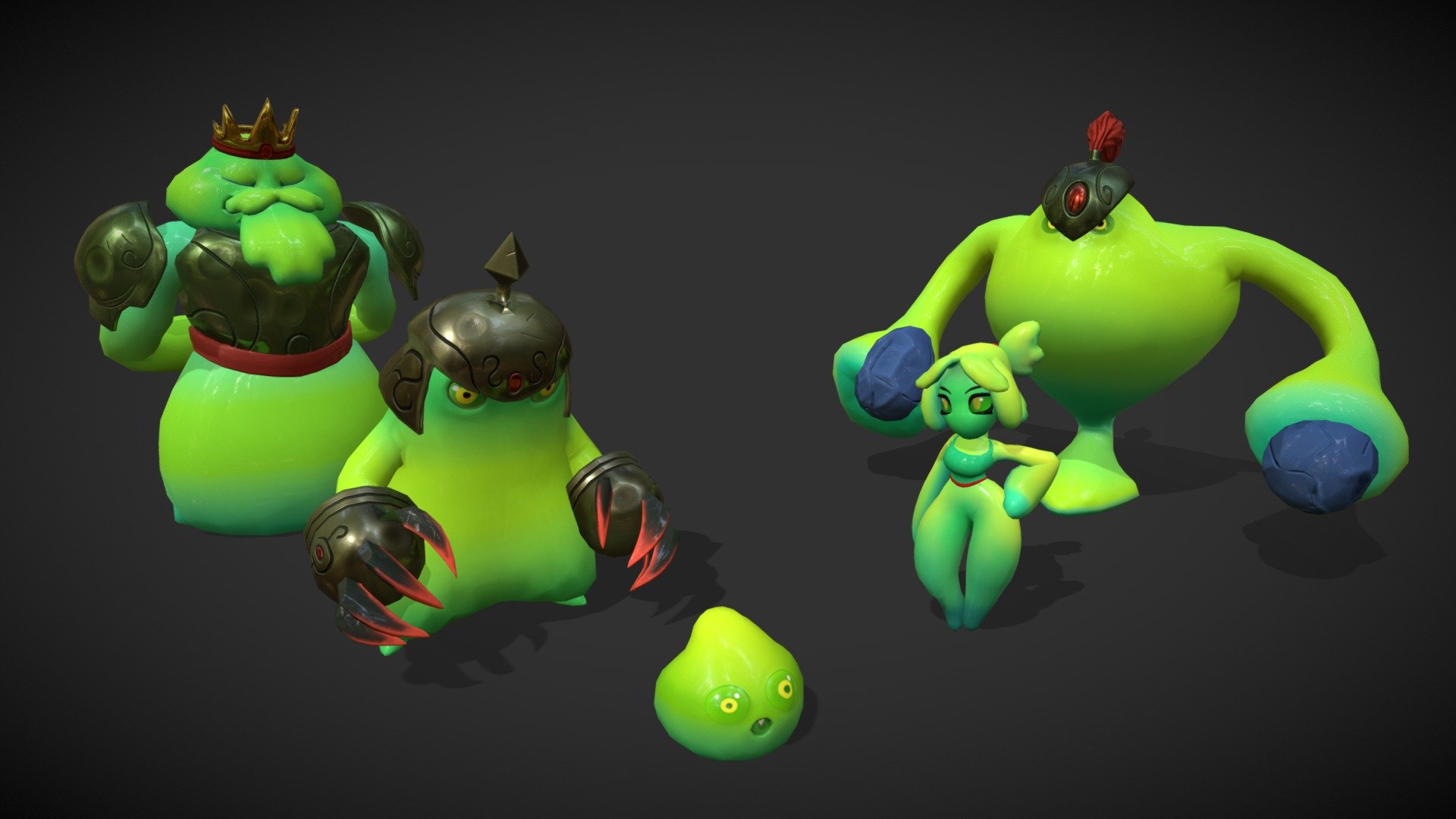 Some stylized modelling and texturing practice that turned into a chance to learn some rigging and animation tools in Blender.

Slime Characters designed by Adam Ryoma Tazi

Zbrush, Substance Painter, Blender - Residents of Slime Kingdom - 3D model by Justin T Phillips (@jtp360) 3d model
