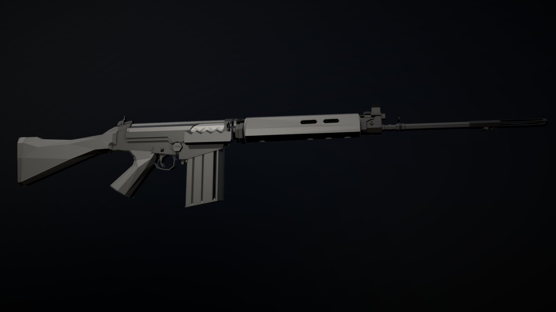Low-Poly model of an L1A1 Self-Loading rifle (SLR) with polymer furniture. The L1A1 is a rifle that was produced in the commonwealth under license, with production patterns taken from FN and converted to imperial units and standards. This causes some incompatability between the two types of FAL rifles, and is also why FAL rifles are often referred to as either &ldquo;inch pattern
