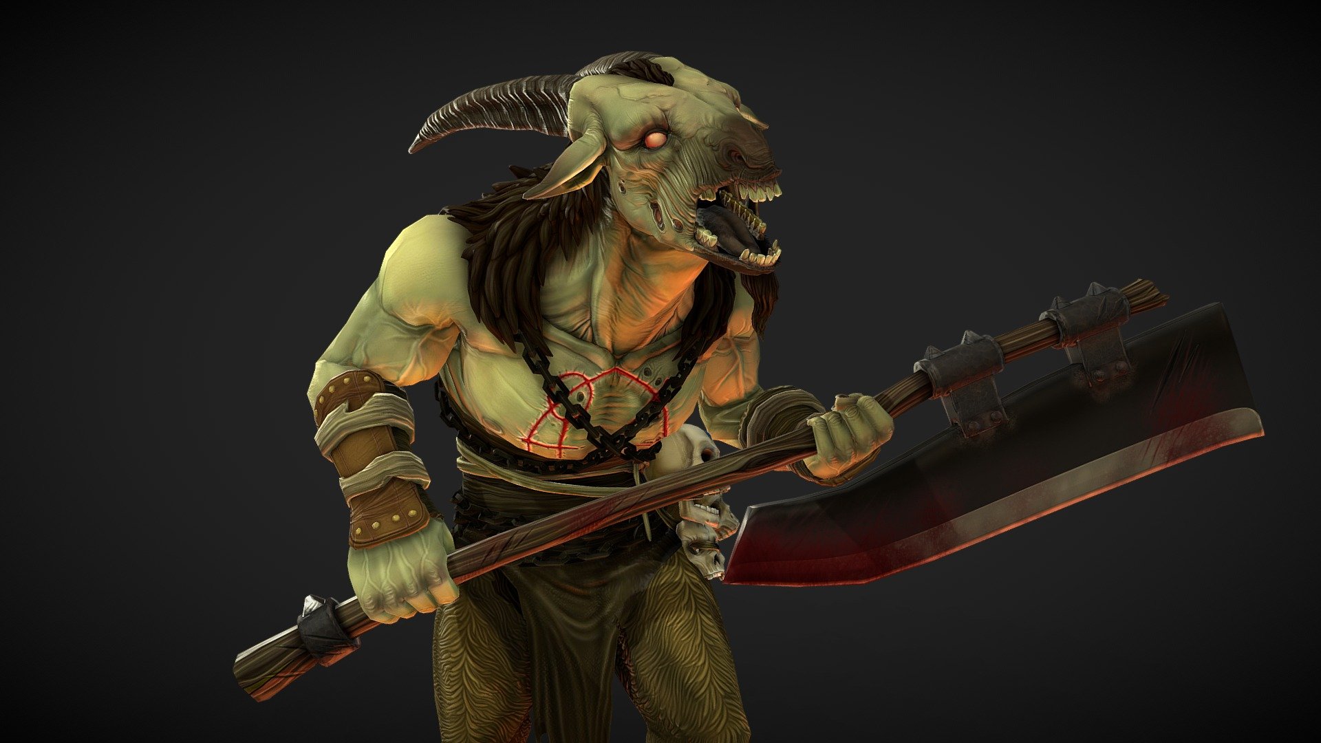 I tried to make the goatman based on the key art of the khazra demons from diablo 4. I know Blizzard already made this creature type for the game but I wanted to try my hand at it as well since I'm a huge diablo fan!
This was a huge learning exp for me and I did 90% of it on my Twitch stream: https://www.twitch.tv/thekawna 

deatails and high poly here: https://www.artstation.com/artwork/9m30RO - Khazra Goatman: Diablo IV fan art - 3D model by Alison Taylor (@Kawna) 3d model