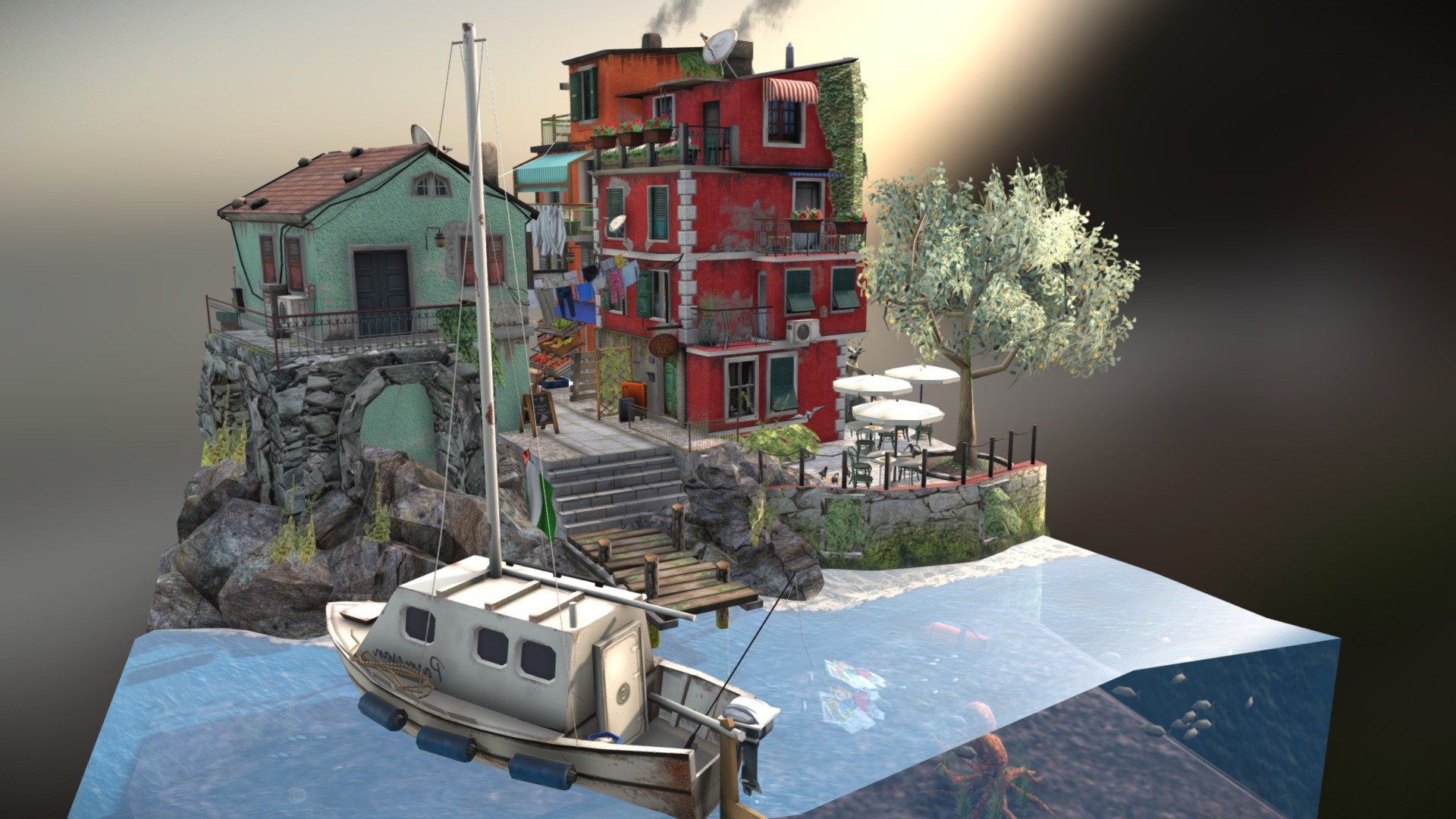 My city scene diorama for 3D Low Poly Class 1DAE01, inspired by Cinque Terre.

(_/)
(-.-)
(&gt; &lt;) - Cinque Terre City Scene - 3D model by Yinuo Chen (@pootine) 3d model