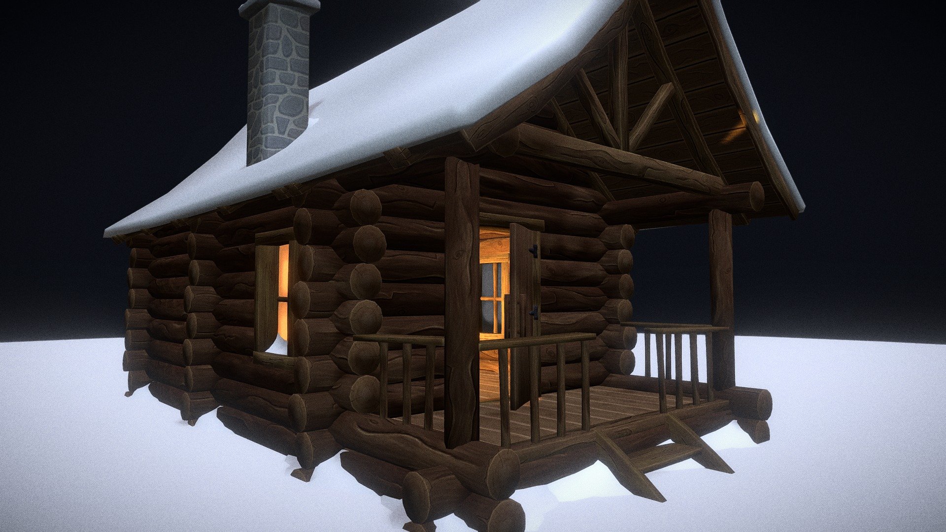 A stylized hand painted log cabin in the snow with chimney and a hearth inside.
Ideal for any christmas or winter themed projects 3d model