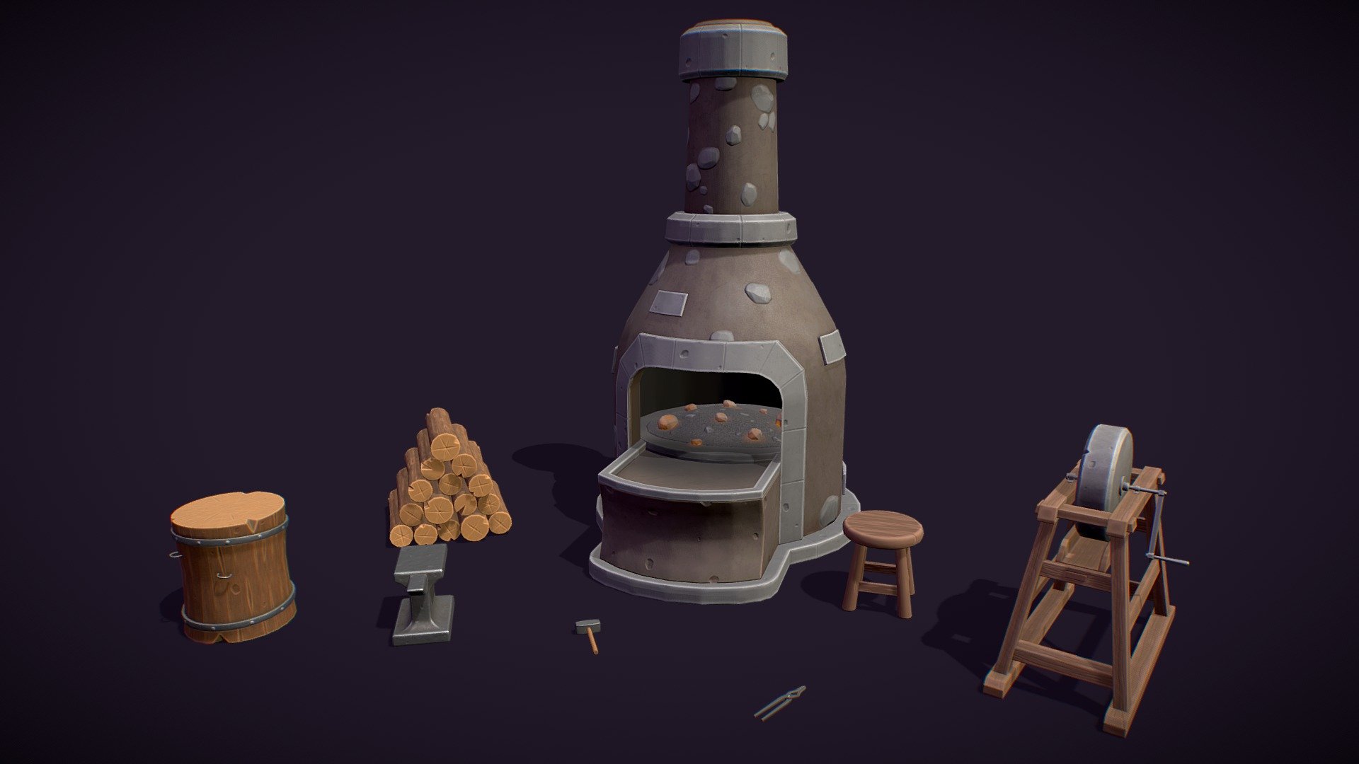 A Package of Stylized 8 Blacksmith Tools including Furnace, Tree Stump, Anvil and more.

Are you liked this Package? Feel free to take a look on my another models! Here

Features:

.Fbx, .Obj, .Uasset and .Blend files.

Low Poly Mesh game-ready.

Real-World Scale (centimeters).

Unreal Project 4.20+

Custom Collision for Unreal Engine 4 (Handmade).

Tris Count: 336 to 2,364.

Number of Textures (PNG): 41

Number of Textures (UE4): 25

Number of Materials (UE4): 3 Materials and 8 Material Instances

PBR Textures (1024x1024) and (2048x2048) (PNG).

Type of Textures: Base Color, Roughness, Metallic, Normal Map and Ambient Occlusion (PNG).

Combined RMA texture (Roughness, Metallic and Ambient Occlusion) for Unreal Engine 4 (PNG) 3d model