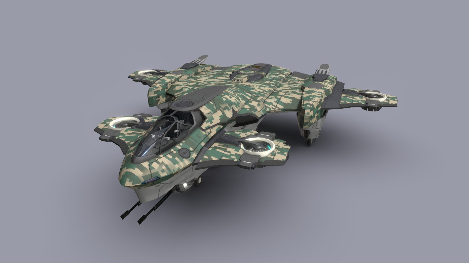 Based on an universal airframe concept, the Heavy VTOL gunship, commonly nicknamed Luftpanzer, is the configuration designed specifically to carry out ground attack against fortifications, infrustractures, and in the case of orbital combat operation, against capital ships. With a crew of 2 and an onboard small living quarter providing reasonable human comfort, this gunship is capable of prolonged cruise without the need of carriers, thus massivly reducing the logistic need for a combat fleet without sacrifising on firepower. Thanks to its root in the universal airframe concept, the aircraft can be easily converted to cargo ship or bomber by replacing the railgun module. It is even possible to convert this aircraft into a small carrier with either parasite fighters or attack drones. The flexibility of the airframe earned well-deserved popularity among PMCs and mercenaries 3d model