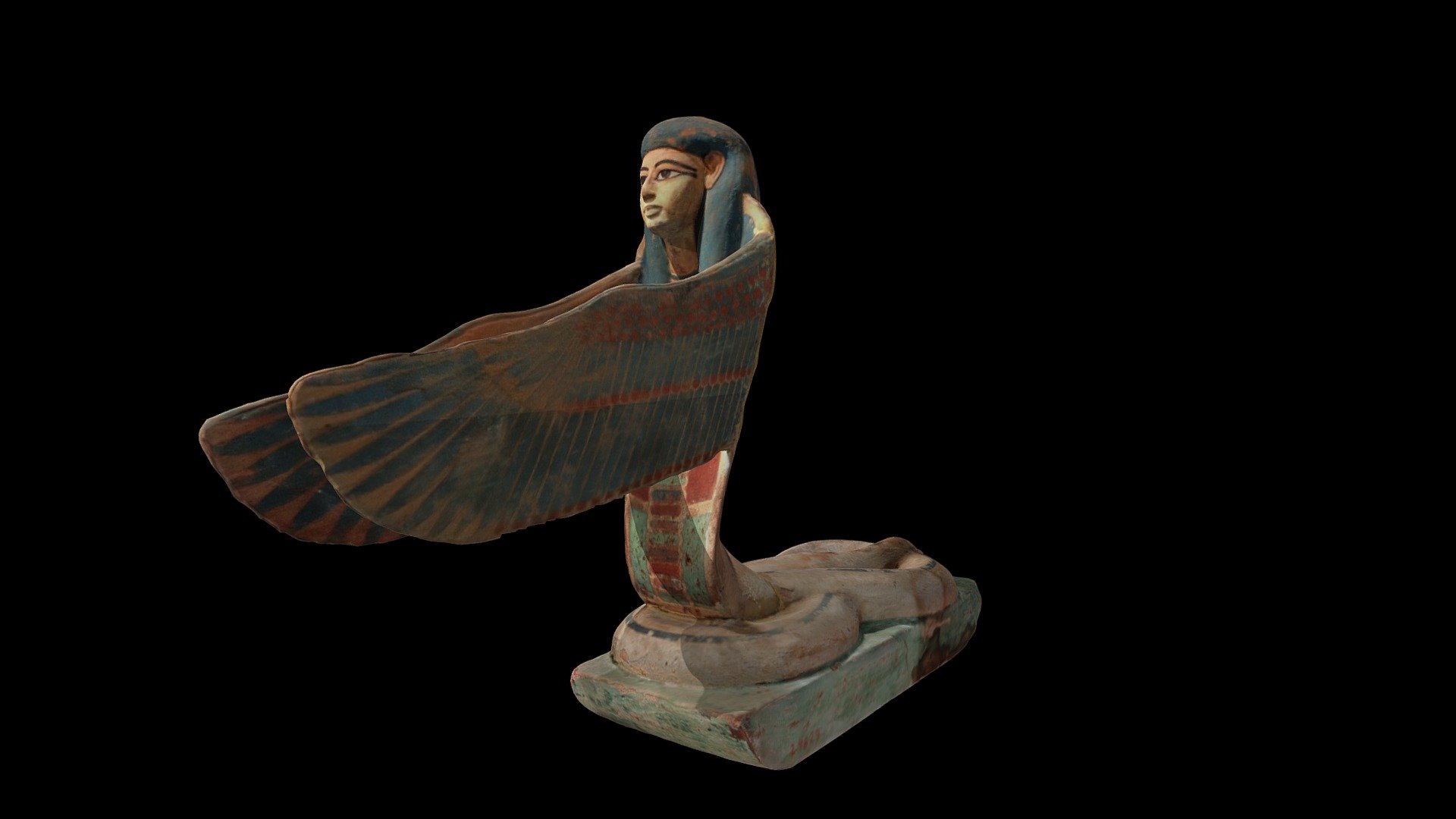 Carved and painted wooden figure of a winged, human-headed snake goddess from Egypt in the collections of the National Museum of Egyptian Civilization (NMEC; Object NMEC 252).  Photographed in November 2022.

Created from 265 photographs (Canon EOS Rebel T7i) using Metashape 1.8.4, Blender 2.92, and Instant Meshes 3d model