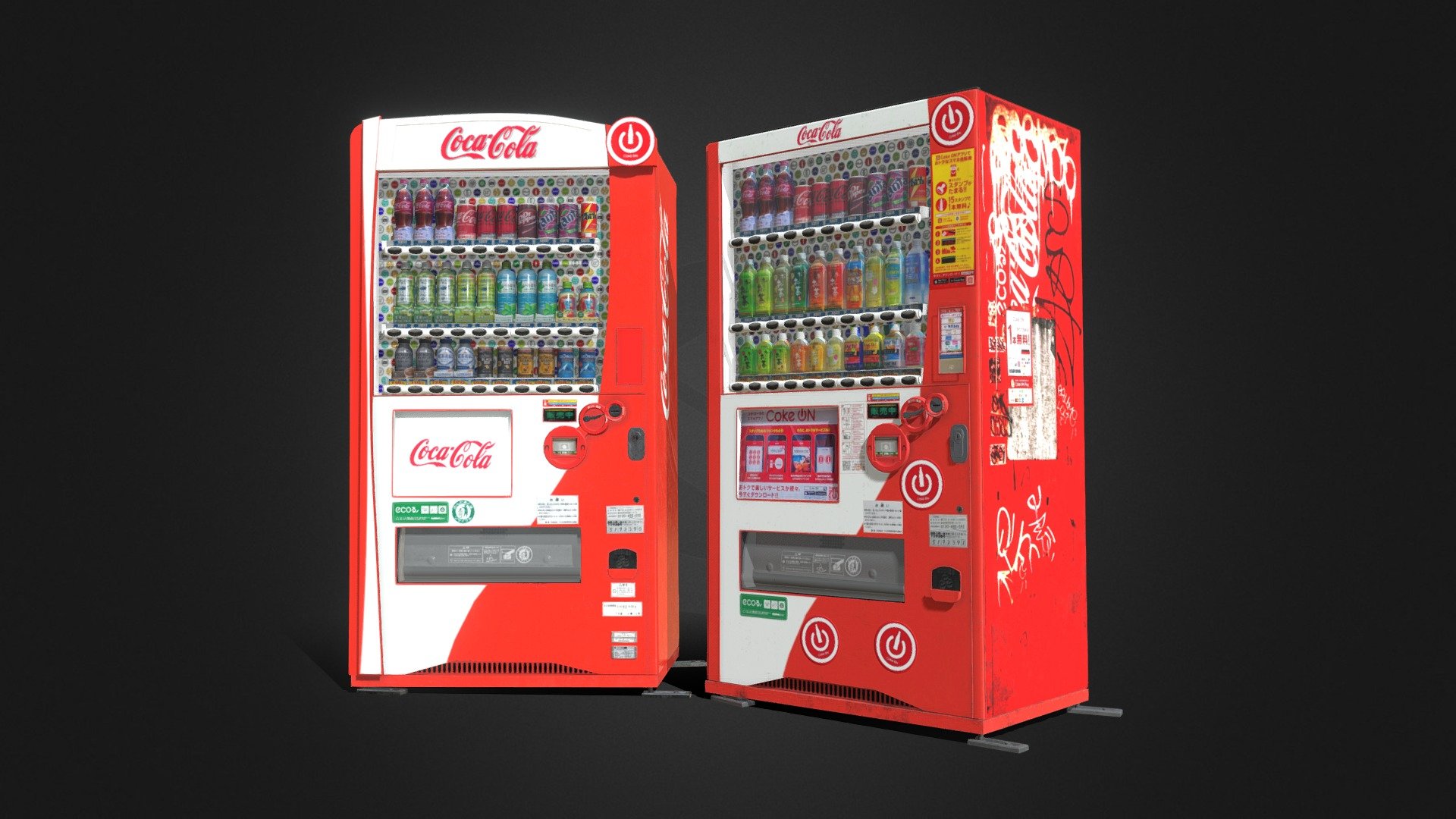 Pack of 2 Japanese Coke Vending Machines, one worn and with graffiti, the other one clean and shiny, both can be found in Japanese streets with a variety of beverages. Each Machine has two materials, one for the drinks and the other one for the machine itself. Textures are 4K resolution, PBR workflow 3d model