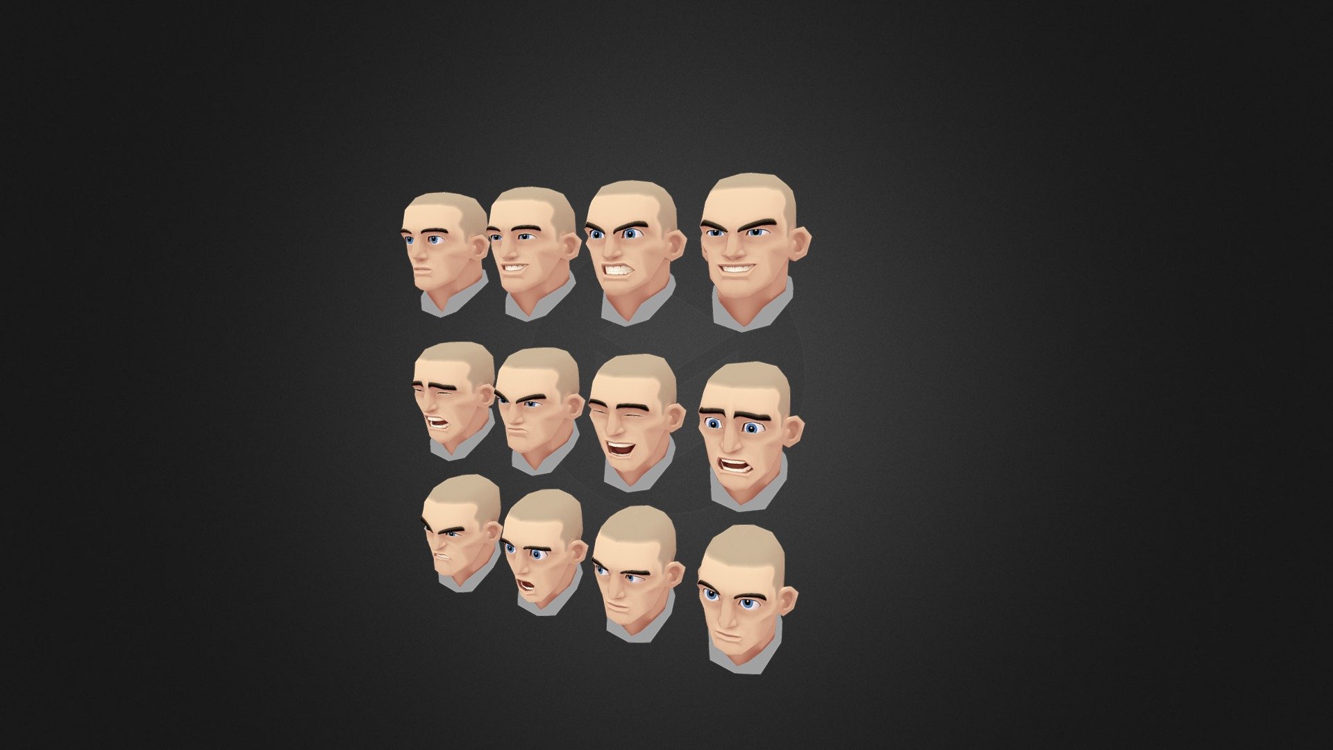 An array of morph targets for a cartoony head. The base mesh is in the top left 3d model