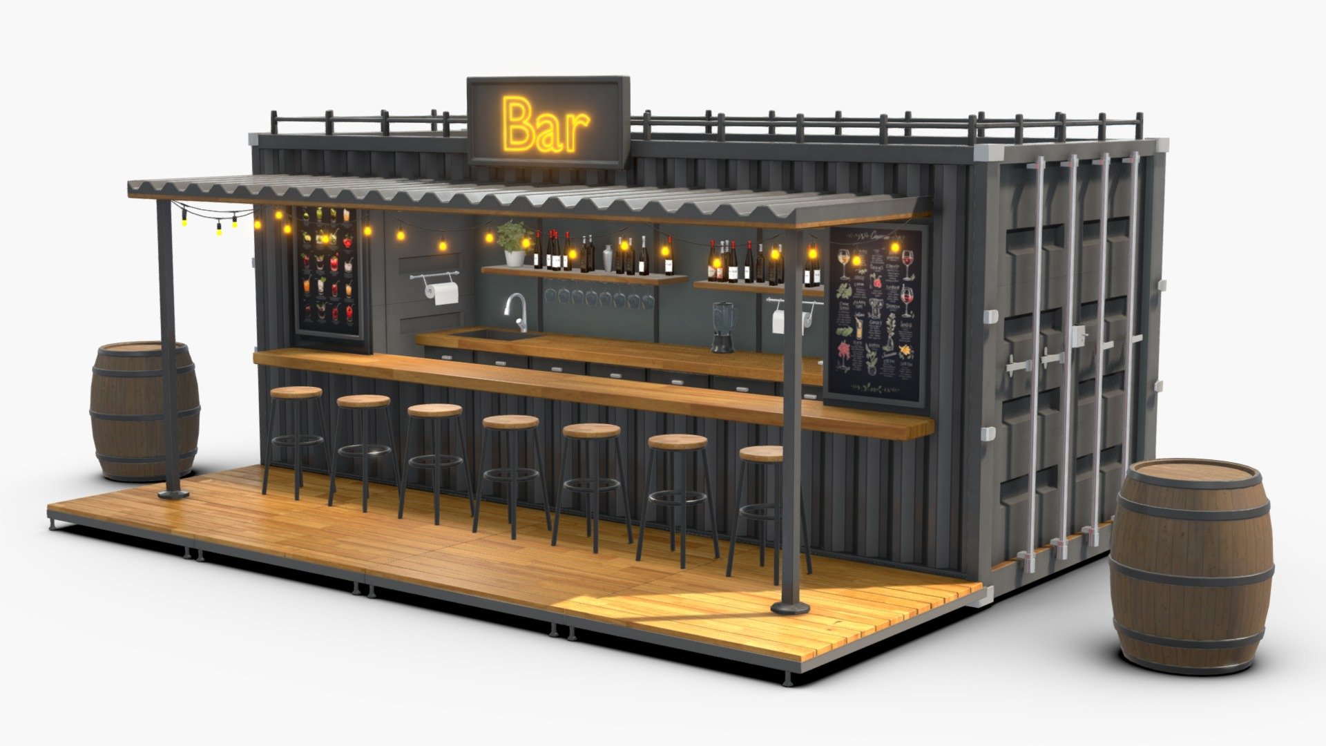 Unique Shipping Container Bar! Combining industrial chic with practical functionality, this 3D model captures the growing trend of upcycling containers into modern, usable spaces. The bar is crafted from a repurposed shipping container, outfitted with a sleek serving area, cozy seating, and atmospheric lighting, making it perfect for any urban environment, festival, or outdoor event. Its compact size and clever design make it an intriguing addition to any scene, proving that sustainability and style can go hand in hand 3d model