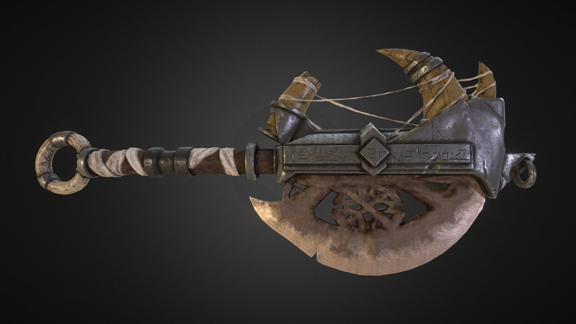 A battle axe created as a material study.

Concept by Litos Lopez (https://www.artstation.com/artwork/QWynL)

PBR Textures composed of 2 sets of 2048x2048 px.

Made in 26 hours using 3ds Max, Zbrush and Substance Painter.

Iray renders and sculpt here : https://www.artstation.com/artwork/rYV9a - Battle Axe - 3D model by Edgeandvertex 3d model