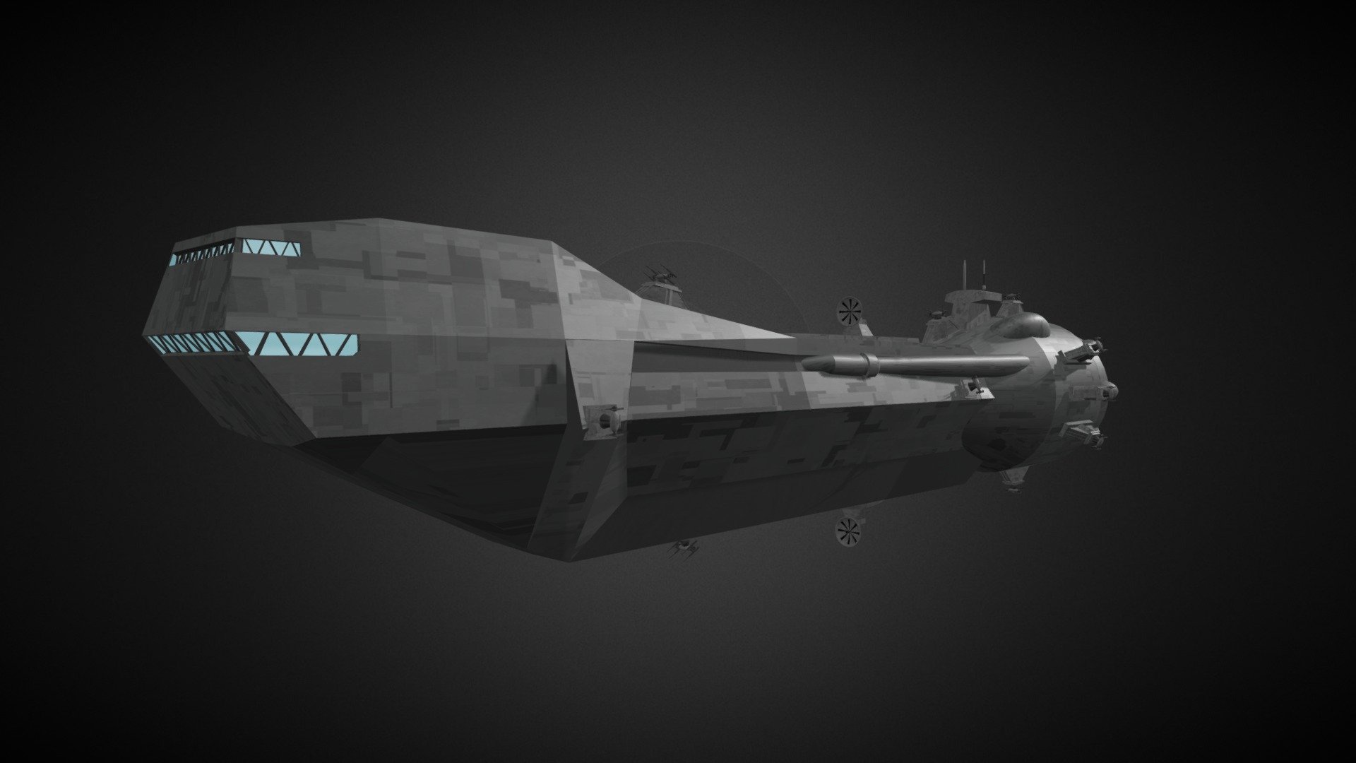 The Lancer Frigate is a 250 meter long capital ship that the Empire designed specifically to combat Rebel starfighters. The Lancer has twenty AG-2G quad laser cannons specifically calibrated for use against high speed manueverable starfighters.  The weapons have superior tracking and targeting capabilities and are mounted on elevated towers to provide an increased field of fire 3d model