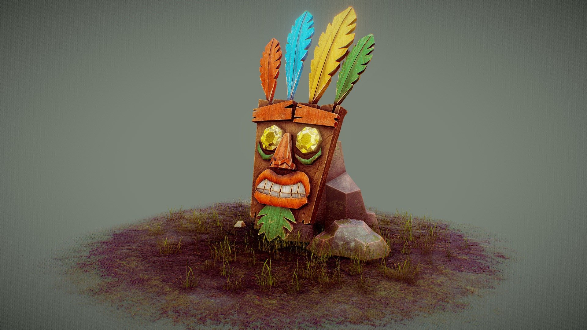 Fanart of Aku Aku from the Crash Bandicoot series. Based on an early concept, with jewels for eyes and wooden feathers 3d model