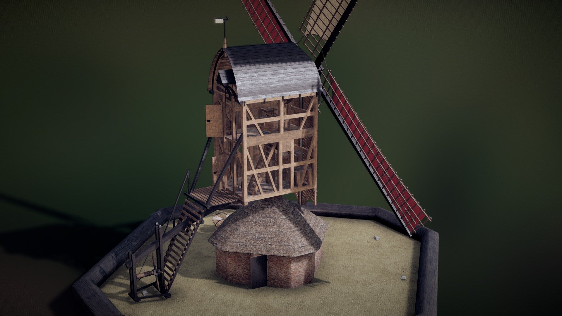 Dutch windmill reconstruction of a grainmill that stood on the citywalls of Leiden. In the 17th century, most automatic production was done by wind power. Windmills like these would probably work day and night with a good wind to get most production done.



This type is called a Standerd-mill, because it stands on a large stand. You are still able to find windmills like these in the Netherlands. Some of which have been renovated and are working again 3d model