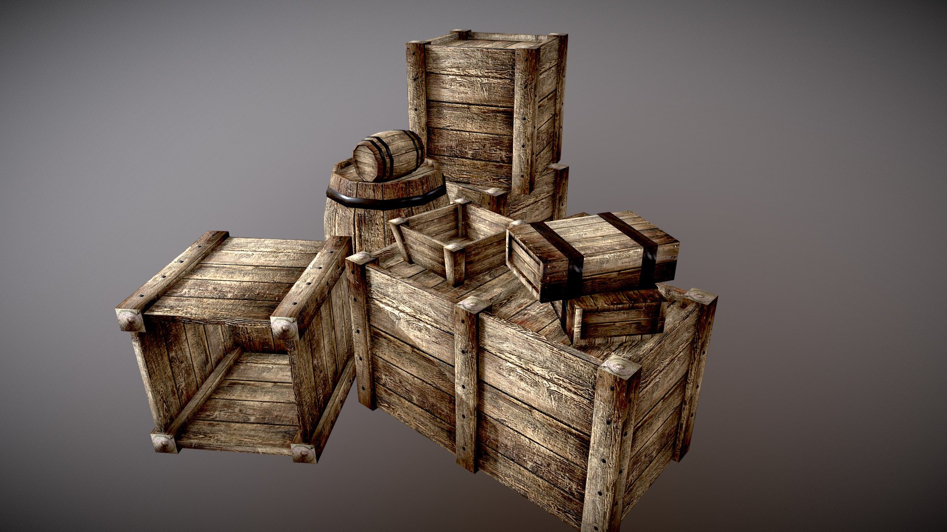 Set of wooden crates and barrels, good for medieval, fantasy western and contemporary settings 3d model