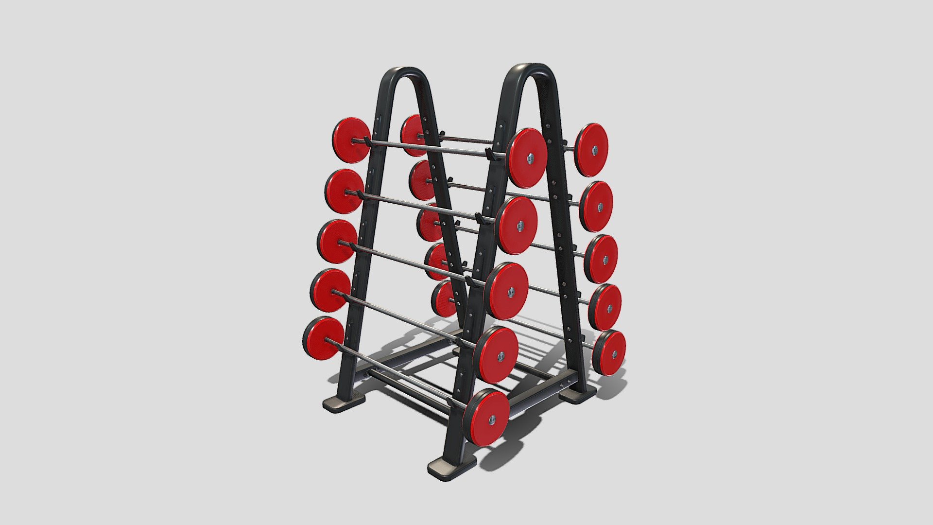 Gym machine 3d model built to real size, rendered with Cycles in Blender, as per seen on attached images. 

File formats:
-.blend, rendered with cycles, as seen in the images;
-.obj, with materials applied;
-.dae, with materials applied;
-.fbx, with materials applied;
-.stl;

Files come named appropriately and split by file format.

3D Software:
The 3D model was originally created in Blender 3.1 and rendered with Cycles.

Materials and textures:
The models have materials applied in all formats, and are ready to import and render.
Materials are image based using PBR, the model comes with five 4k png image textures.

Preview scenes:
The preview images are rendered in Blender using its built-in render engine &lsquo;Cycles'.
Note that the blend files come directly with the rendering scene included and the render command will generate the exact result as seen in previews.

General:
The models are built mostly out of quads.

For any problems please feel free to contact me.

Don't forget to rate and enjoy! - Barbell Rack Double - Buy Royalty Free 3D model by dragosburian 3d model