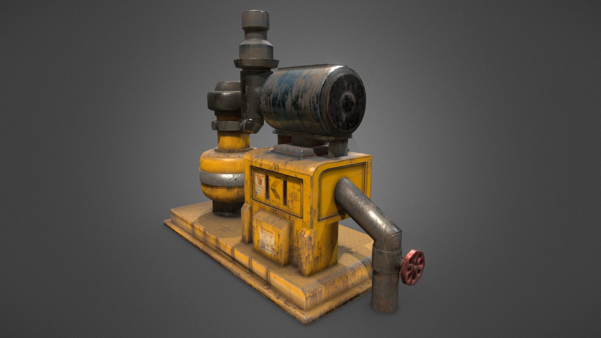 This is a 3d model of a pump machine excelent for underground environments or company basements, blends in perfectly as a decorative asset or barrier for a level design, made entirely in blender and textured in substance painter 3d model