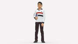 junior boy in white red blue polor and book 1079 style, kid, boy, people, children, fashion, child, clothes, miniature, dress, realistic, character, 3dprint, model