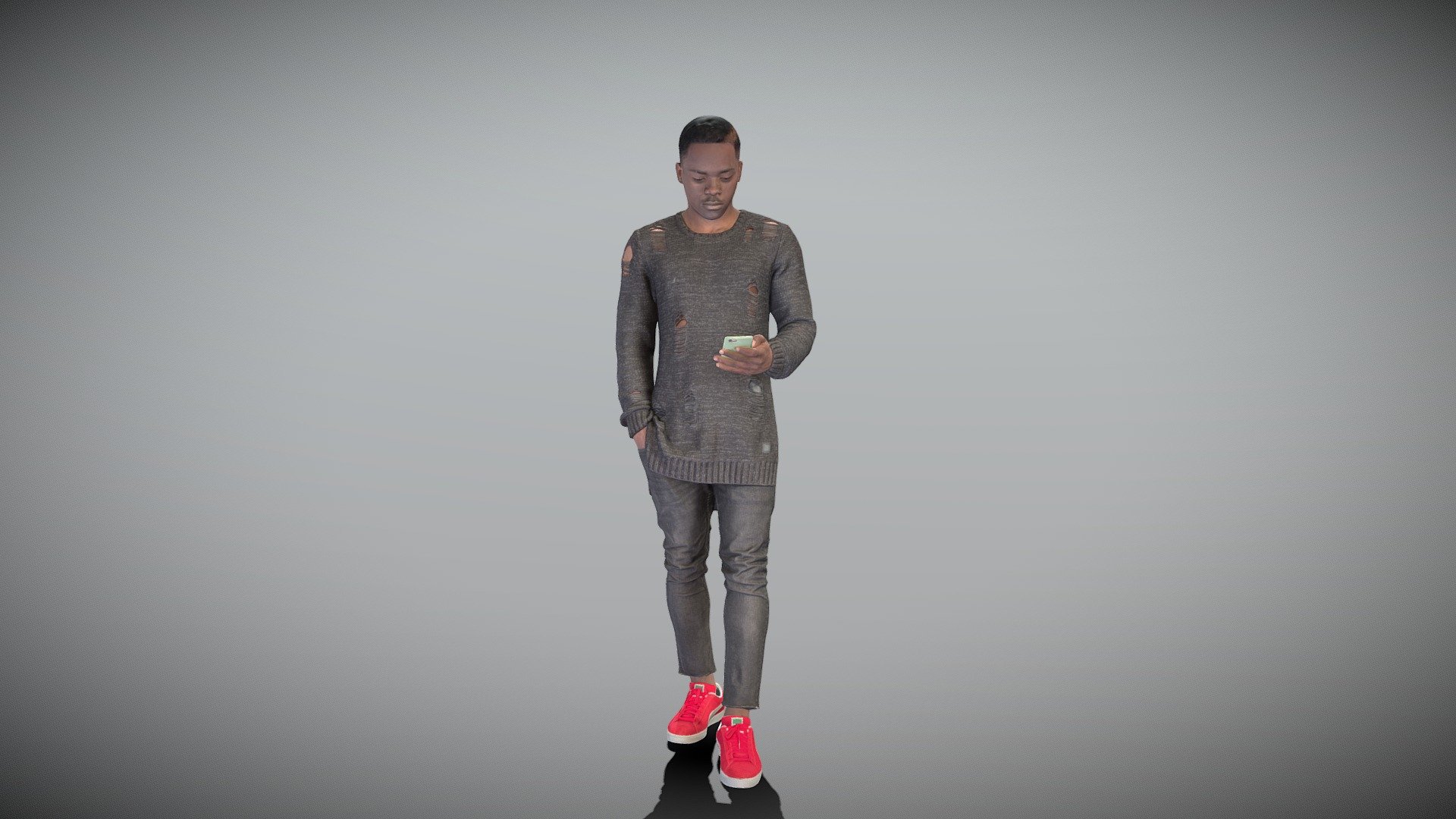 This is a true human size and detailed model of a handsome young man of African appearance dressed in casual style. The model is captured in casual pose to be perfectly matching to variety of architectural visualization, background character, product visualization e.g. urban installations, city designs, outdoor design presentations, VR/AR content, etc.

Technical specifications:




digital double 3d scan model

150k &amp; 30k triangles | double triangulated

high-poly model (.ztl tool with 5 subdivisions) clean and retopologized automatically via ZRemesher

sufficiently clean

PBR textures 8K resolution: Diffuse, Normal, Specular maps

non-overlapping UV map

no extra plugins are required for this model

Download package includes a Cinema 4D project file with Redshift shader, OBJ, FBX, STL files, which are applicable for 3ds Max, Maya, Unreal Engine, Unity, Blender, etc. All the textures you will find in the “Tex” folder, included into the main archive.

3D EVERYTHING

Stand with Ukraine! - African man holding phone 431 - Buy Royalty Free 3D model by deep3dstudio 3d model
